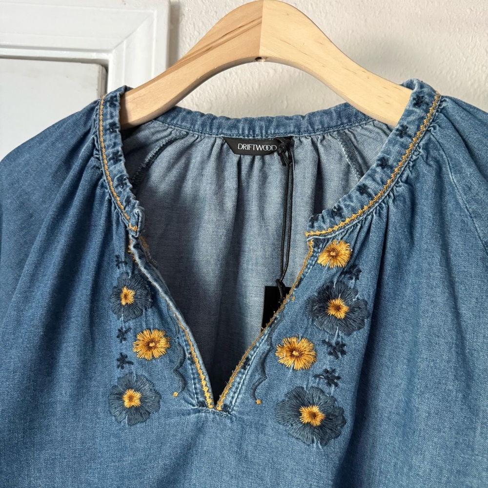 NWT DRIFTWOOD blue denim floral embroidered puff long sleeve boxy shirt blouse - Picture 3 of 6